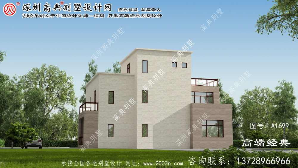 桑植县三层平顶别墅，外形美观精致，风格现代。